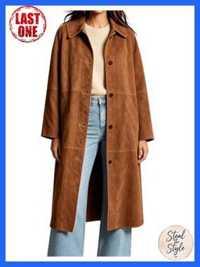 Faux Suede Long Trench Coat Lapel Button Down Overcoat Women